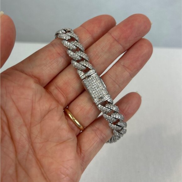 Mens Iced Cuban Link Chain Bracelet Silver Color With Box Clasp Rhinestones - Picture 7 of 8